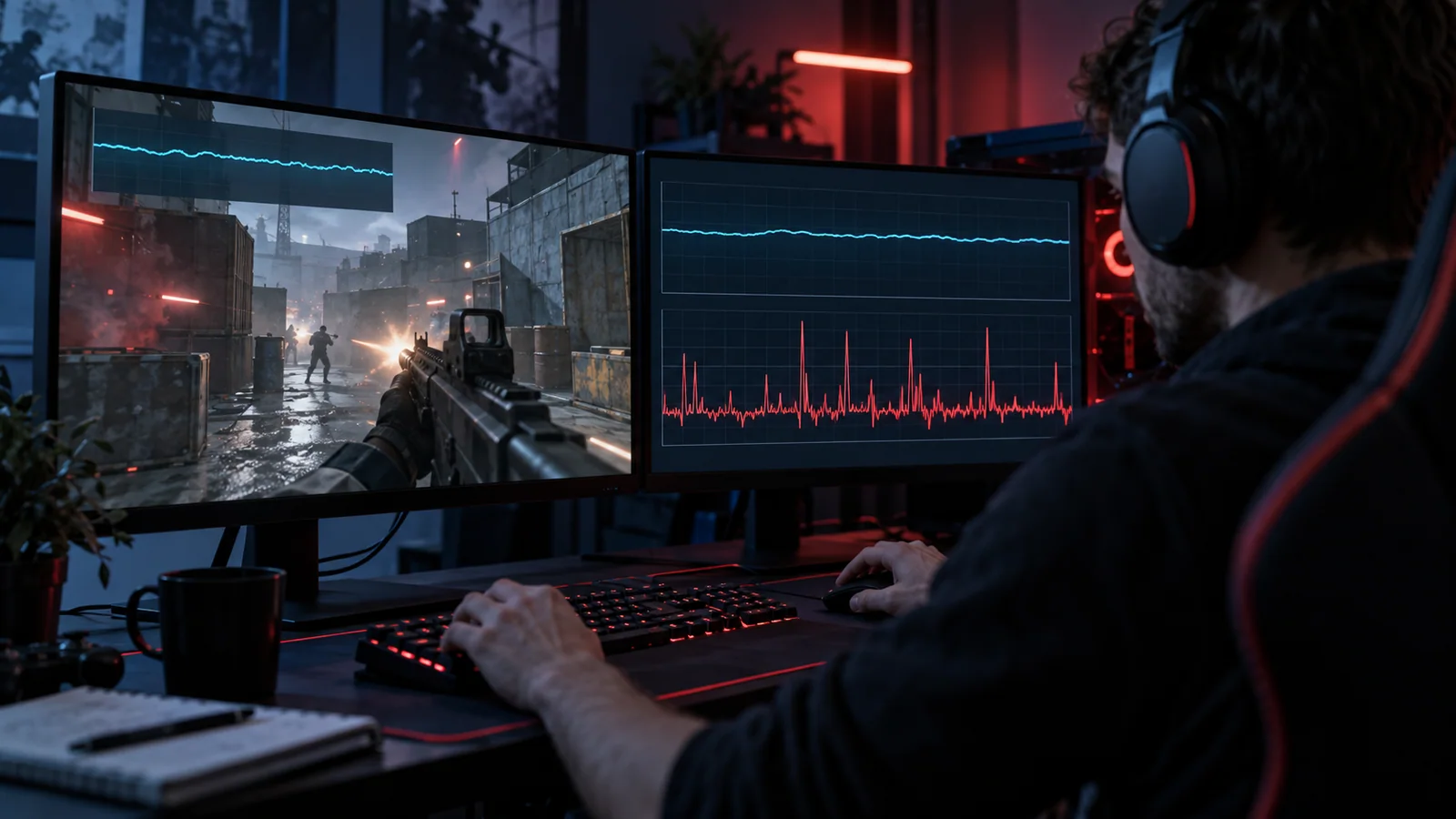 An FPS player compares a smooth average with a frame-time graph showing intermittent stutter.