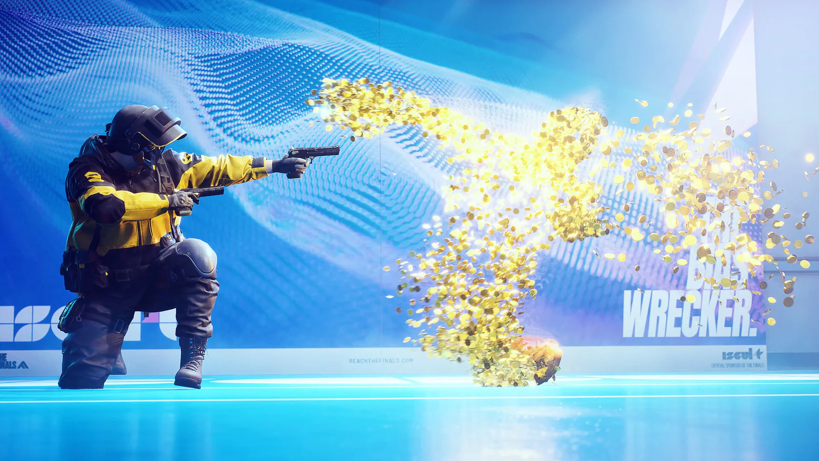 Official THE FINALS screenshot showing a contestant firing through a burst of gold coins
